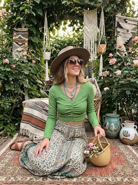Mimosa Green Ruched Front Textured Long Sleeve Crop Top